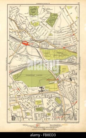 KENSAL: Grün/Aufstieg; Acton, Harlesden, Shepherds Bush, Brondesbury Park, 1928 Karte Stockfoto