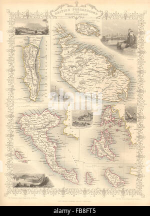 BRITISCHE mediterrane Besitz: Gib Malta Korfu Zante.TALLIS/RAPKIN, 1851-Karte Stockfoto