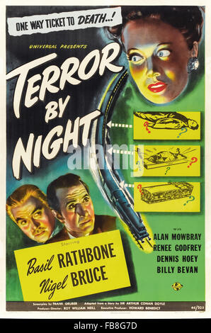 Plakat für "Terror der Nacht" 1946 Sherlock Holmes Film unter der Regie von Roy William Neill und Darsteller Basil Rathbone (Holmes); Nigel Bruce (Watson) und Evelyn Anker (Naomi Drake). Siehe Beschreibung für mehr Informationen. Stockfoto