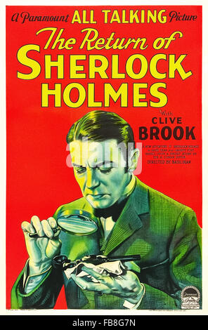 Plakat für "The Return of Sherlock Holmes" 1929 Film unter der Regie von Basil Dean und starring Clive Brook (Holmes); H. Reeves-Smith (Watson) und Betty Lawford (Mary Watson). Siehe Beschreibung für mehr Informationen. Stockfoto