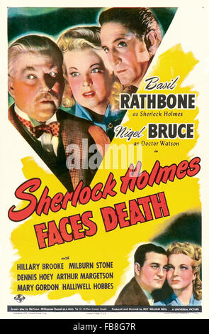 Plakat für "Sherlock Holmes Faces Death" 1943 Sherlock Holmes Film unter der Regie von Roy William Neill und Darsteller Basil Rathbone (Holmes); Nigel Bruce (Watson) und Dennis Hoey (Inspector Lestrade). Siehe Beschreibung für mehr Informationen. Stockfoto