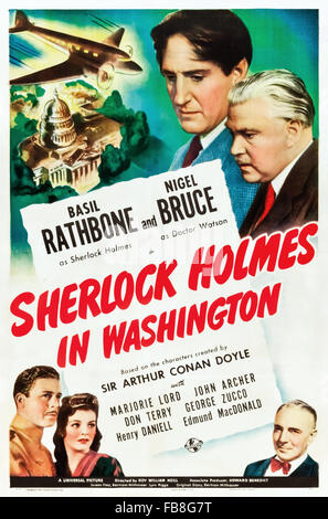 Plakat für "Sherlock Holmes in Washington" 1943 Sherlock Holmes Film unter der Regie von Roy William Neill und Darsteller Basil Rathbone (Holmes); Nigel Bruce (Watson) und Marjorie Lord (Nancy Partridge). Siehe Beschreibung für mehr Informationen. Stockfoto