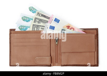 Geld in braun Brieftasche Stockfoto