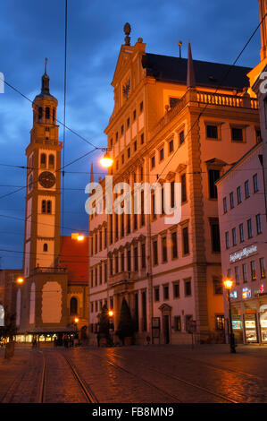 Augsburg, Maximilianstraße, Maximilianstraße, Perlach-Turm, Rathaus, romantische Straße, Romantische Strasse, Schwaben, Bayern, G Stockfoto