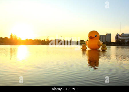 Die gelben Enten ist die meisten Schlager-Ansicht für Fotos. Der Park der großen Provinzen ist berühmt bei Sonnenuntergang, Udonthani, Thailand. Stockfoto