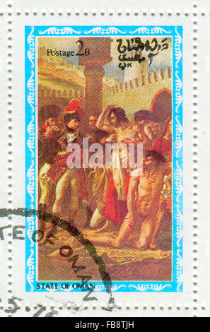 STATE OF OMAN - ca. 1976: Eine Briefmarke gedruckt in State Of Oman zeigt Bild von der Napoléon Bonaparte (geb. Napoleone di Buonapart Stockfoto