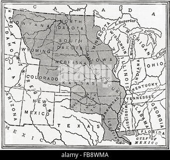 Diese Karte zeigt den Louisiana Purchase.  Den Erwerb des Louisiana-Territorium (828.000 quadratische Meilen) von den Vereinigten Staaten von Frankreich im Jahre 1803. Stockfoto