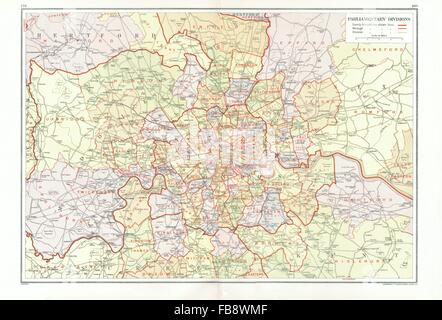 LONDON. Parlamentarischen Divisionen Wahlkreise Sitze Stadtbezirke, Karte 1933 alt Stockfoto