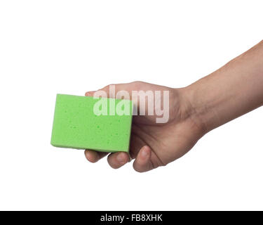 Hand mit Schwamm isoliert auf weißem Hintergrund Stockfoto