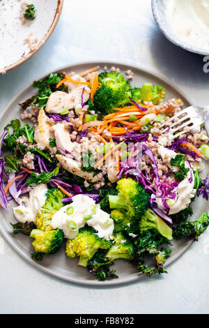 Gesunder Salat mit Buchweizen, Huhn, Brokkoli, knusprige Grünkohl und Rotkohl Stockfoto