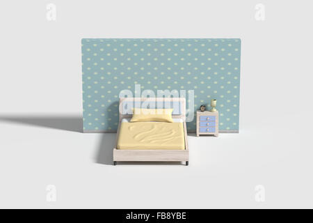 3D Rendeing von einem Schlafzimmer Innenraum in weißen, blauen und gelben Farben. Abbildung Stockfoto
