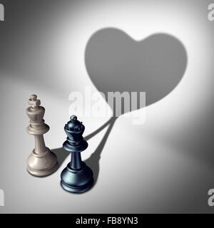 Paar in der Liebe als ein Valentinstag-Konzept als ein weißer König und schwarze Dame Schach Stück Schatten kommen zusammen in eine romantische Beziehung als Symbol für glücklich Romantik und emotionale Anziehung Vereinten Stimmen. Stockfoto