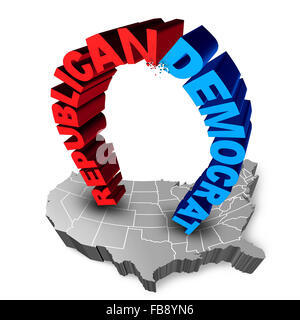 US-Wahl-Kampf als Republikaner oder Demokrat als zwei drei dimensionalen Text Symbole auf einer Karte von den Vereinigten Staaten kämpfen um die Abstimmung für Präsidenten oder Regierung sitzen. Stockfoto