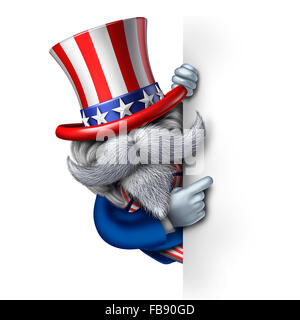 Uncle Sam Charakter mit einem leeren vertikale Schild als patriotisches Symbol der ein amerikanisches Symbol für politische Regierung Wahlen oder vierten Juli Feier Person Delivring eine Nachricht. Stockfoto