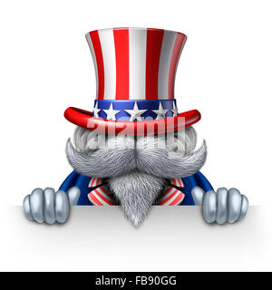 Uncle Sam Charakter mit einem leeren horizontale Schild als patriotisches Symbol der ein amerikanisches Symbol für politische Regierung Wahlen Stockfoto