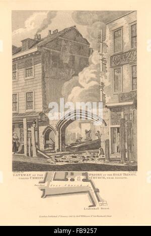 ALDGATE. Heilige Dreifaltigkeit Priory Gateway, Creechurch Lane/Bury Street 1834 Karte Stockfoto