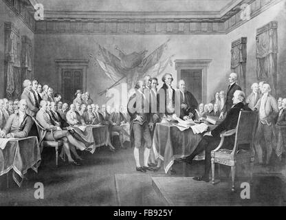 Die Unterzeichnung der Unabhängigkeitserklärung der Vereinigten Staaten im Jahre 1776 - Gravur aus einem Gemälde von John Trumbull Stockfoto