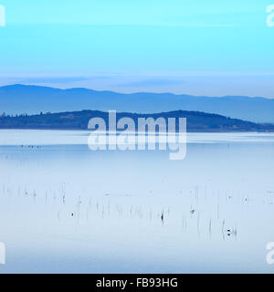 Fischernetze und ein Vogel auf einer ruhigen blauen Landschaft des Trasimeno-Sees auf Sonnenuntergang. Umbrien, Italien. Stockfoto