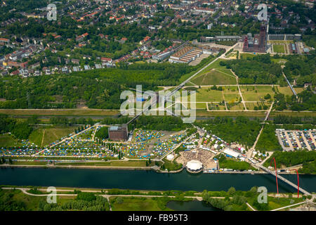 Luftaufnahme, Rock Hard Festival 2015, camping, Zelte, Rock-Fans, Amphitheater Gelsenkirchen am Rhein-Herne-Kanal, Gelsenkirchen, Stockfoto