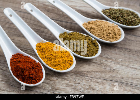 Gemahlene Gewürze im Löffel Stockfoto
