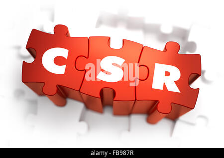 CSR - weiß Wort auf rote Rätsel auf weißem Hintergrund. 3D Illustration. Stockfoto