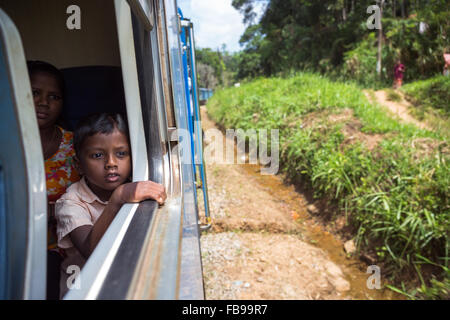 kleiner Junge mit Blick aus dem Fenster eines Zuges zwischen Nuwara Eliya und Ella, Sri Lanka, Asien Stockfoto