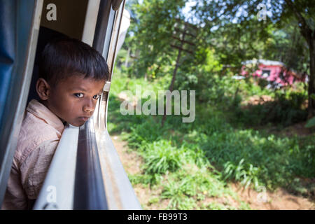 kleiner Junge mit Blick aus dem Fenster eines Zuges zwischen Nuwara Eliya und Ella, Sri Lanka, Asien Stockfoto