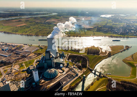 Luftaufnahme, Kraftwerk Walsum mit Turm und Rauchwolken, Rhein, STEAG Kraftwerk VI, Walsum, Kohle-Kraftwerk, Stockfoto