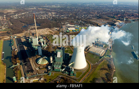 Luftaufnahme, Kraftwerk Walsum mit Turm und Rauchwolken, Rhein, STEAG Kraftwerk VI, Walsum, Kohle-Kraftwerk, Stockfoto