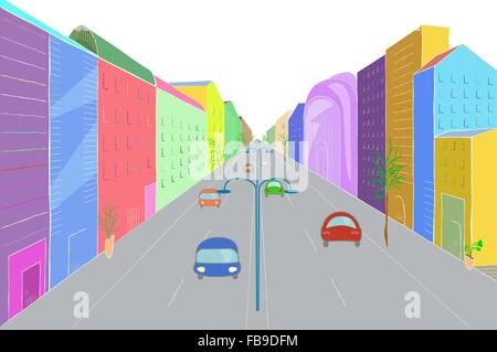 Stadtlandschaft im flachen Design-Stil, Vektor-Illustration. Moderne Stadt Straße mit Gebäuden, Autos, Wolkenkratzer und Bäume Stock Vektor