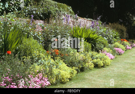 Dianthus Pink und lime grün Alchemilla "Mollis" in einer Sommer-Grenze in großen ummauerten Garten Stockfoto