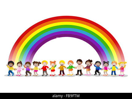 Abbildung verschiedener Kinder Hand in Hand unter Regenbogen isoliert auf weißem Hintergrund Stockfoto