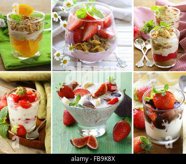 Collage aus verschiedenen Desserts im Glas (mit Obst und Müsli) Stockfoto