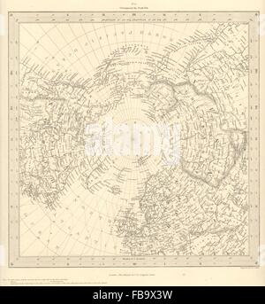 NORTH POLE arktischen bis 45° N Latitude.Alaska als russische Territory.SDUK 1844 Karte Stockfoto