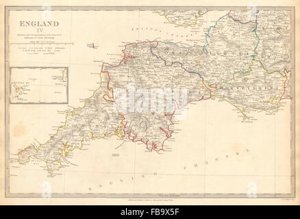 SÜD-WEST ENGLAND. Cornwall Devon Somerset Dorset Scilly-Inseln. SDUK, 1844-Karte Stockfoto