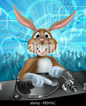 Cartoon Ostern Hase DJ mischen auf die Decks oder Plattenspieler mit tanzenden Menschenmenge auf der Party im Hintergrund Stockfoto