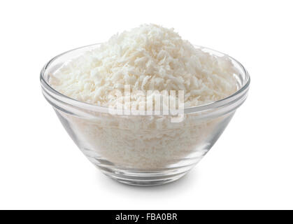 Glasschale der Kokosnuss Späne isoliert auf weiss Stockfoto