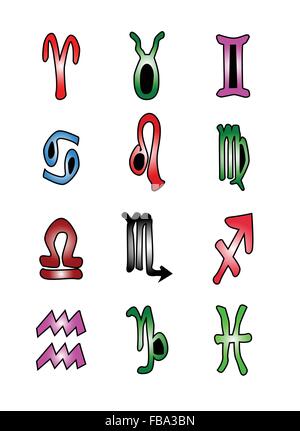 Eine Sammlung von zwölf Astrologie Symbole auf einem weißen Hintergrund Stock Vektor