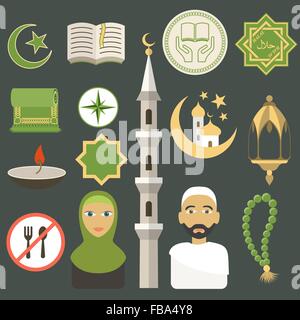 Muslimische Symbole festgelegt. Flachen Stil. Vektor-Illustration. Stock Vektor