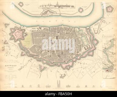 ANTWERPEN-ANTWERPEN-ANTWERPEN. Stadtplan der Stadt. Schelde Festungen Lillo. SDUK, 1844 Stockfoto