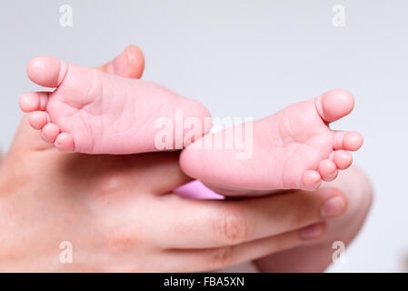 Nahaufnahme von Hand mit neugeborenen Babys Füße Stockfoto