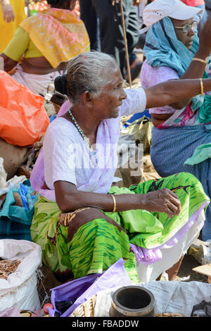 Indische Frau verkaufen Trockenfisch in Mapusas lebhaften Freitagsmarkt, Mapusa, North Goa, Indien Stockfoto