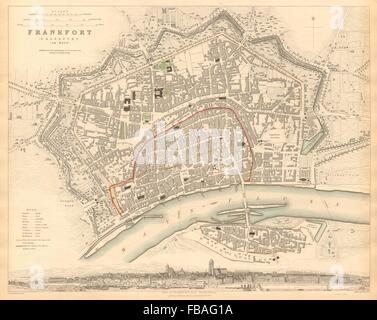 FRANKFURT AM MAIN. Antike Stadt Karte Stadtplan. Panorama.am konnte. SDUK, 1844 Stockfoto