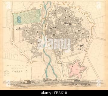 PARMA. Antike Stadt Karte Stadtplan & Panorama. Parme. SDUK, 1844 Stockfoto