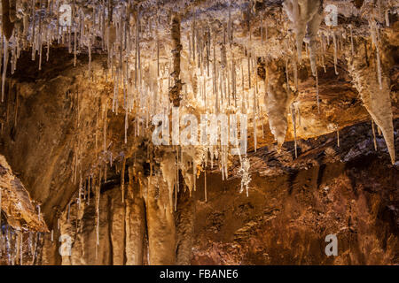 Stalaktiten in der Höhle des Grandes Canalettes in den französischen Pyrenäen. Stockfoto