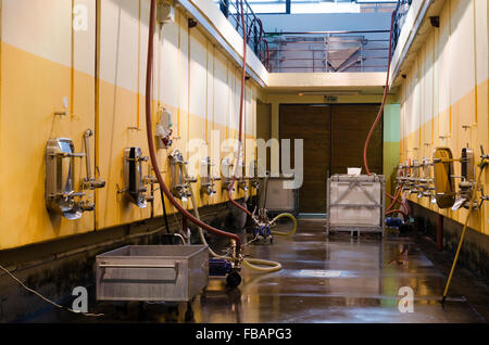 Bulgarische Weingut und Edelstahl-Gärung-Schiffe Stockfoto