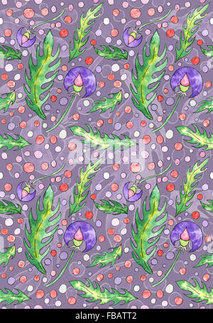 Nahtlose Aquarell Hand-Zeichnung, Fantasie-Pflanzen. Blüten und Blätter Stockfoto
