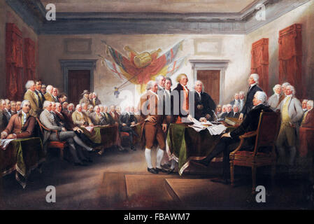 Unabhängigkeitserklärung. Die Unterzeichnung der Unabhängigkeitserklärung der Vereinigten Staaten im Jahre 1776 – ein Gemälde von John Trumbull Stockfoto