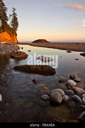 BRITISH COLUMBIA - Abend am Tsocowis Creek, einem beliebten Campingplatz entlang der West Coast Trail im Pacific Rim National Park. Stockfoto