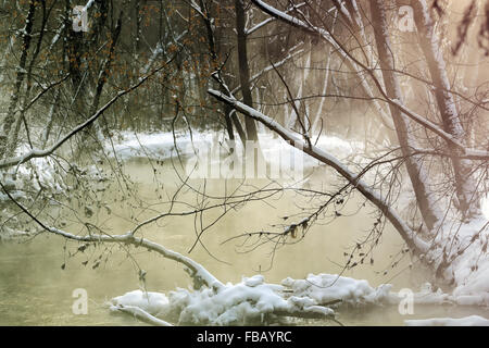 Schönen Winter Sonnenuntergang am Fluss in Russland Stockfoto